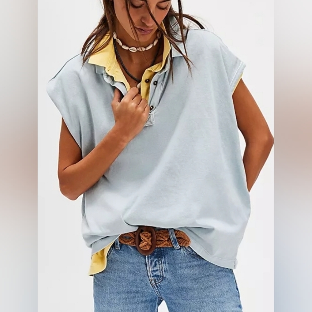 Free People Light Blue Sleeveless Polo Top with Yellow Collar